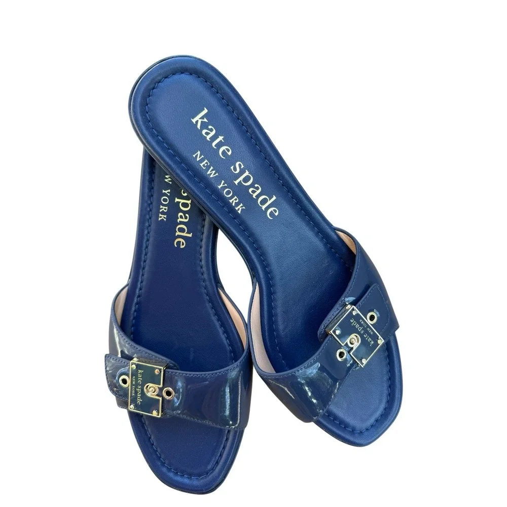 Kate Spade Gazebo Sandals Blue Patent Leather Low Block Heel 9.5B Resortwear